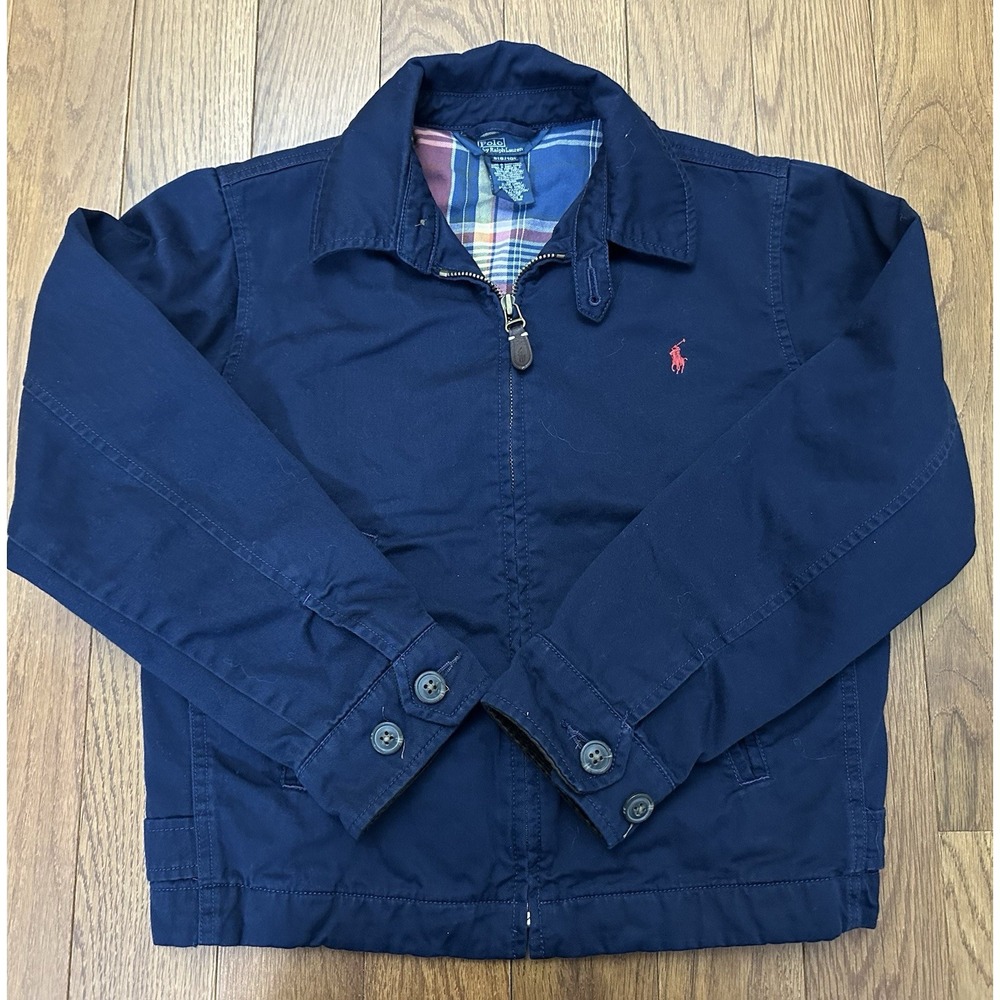 Polo Ralph Lauren Jacket Boys Small 8-10 Navy Blue Tartan Cotton Red Pony Preppy